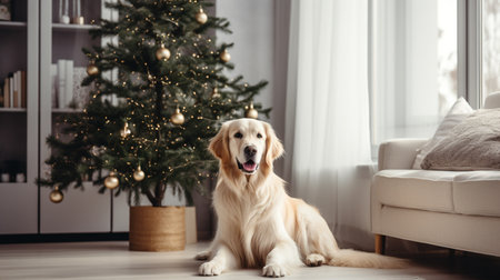 Golden Retriever dog at home near christmas tree in the living roomの素材