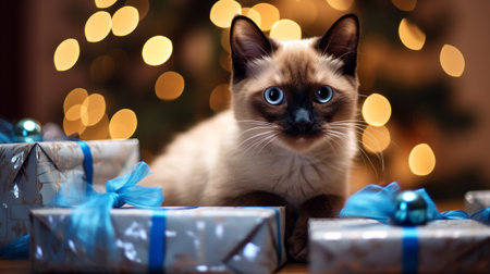 Siamese cat with blue eyes and gift boxes in front of Christmas treeの素材