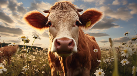 Cow in a field of daisies at sunset. Closeupの素材