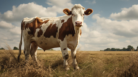 A cow in a field with a blue sky in the background.の素材