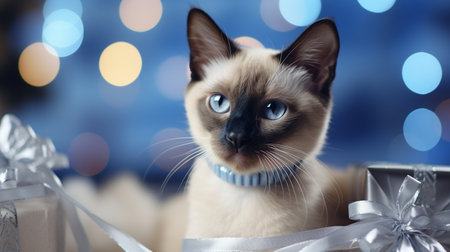 Siamese cat with gift box on blue bokeh backgroundの素材
