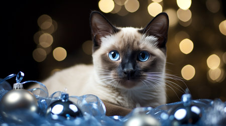 Siamese cat with blue eyes on a background of Christmas decorationsの素材