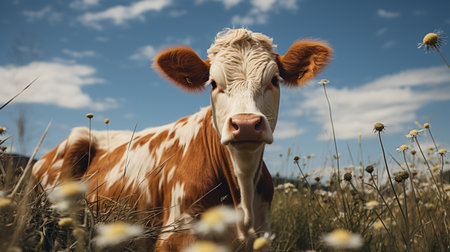 Cow grazing in a meadow with yellow flowers under blue sky.の素材