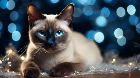 Siamese cat with blue eyes and Christmas lights on background.の素材