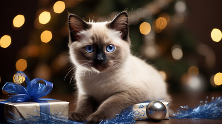 Siamese kitten with blue eyes and gift box on bokeh backgroundの素材