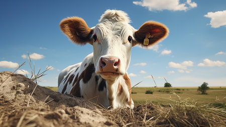Cute cow in the field on a sunny day. Closeup.の素材