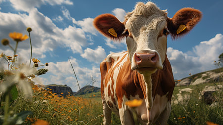Cow on a meadow in the Dolomites, Italy.の素材
