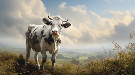 A cow standing in the field looking at the camera with a beautiful skyの素材