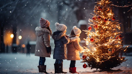 happy kids with christmas tree at night in snowy park. winter holidaysの素材