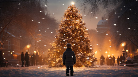 Back view of little boy standing in front of christmas tree at nightの素材