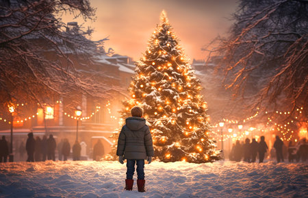 Boy standing in front of a christmas tree at night, winter seasonの素材