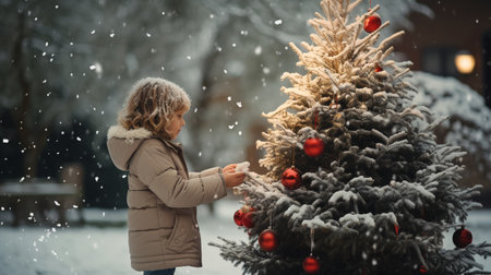 Little girl decorating Christmas tree outdoor. Winter holidays concept.の素材