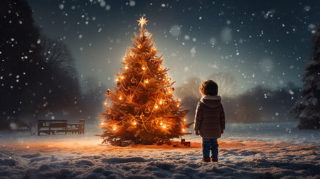 Little boy standing in the snow next to a Christmas tree.の素材