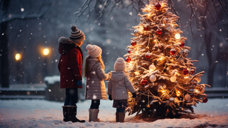 happy mother and two kids decorating christmas tree outdoors in winterの素材