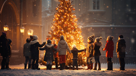 Group of children standing in front of christmas tree and having funの素材