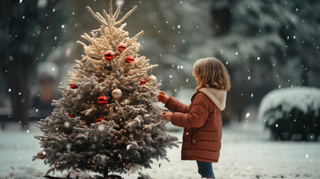 Adorable little girl decorating christmas tree outdoors on beautiful winter dayの素材