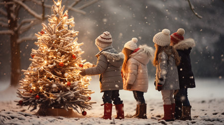 Little girls decorating a Christmas tree on a snowy winter day.の素材