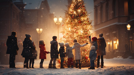 Group of children standing in front of Christmas tree at night.の素材