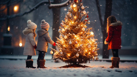 Two little children, boy and girl rating a Christmas tree outdoors in the snow.の素材