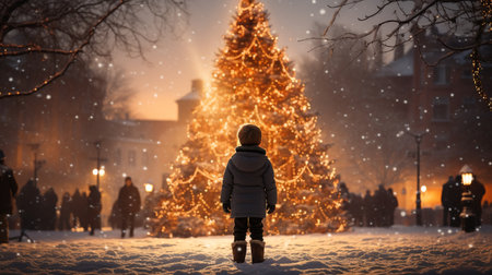 Little boy standing on the street in front of a Christmas tree.の素材