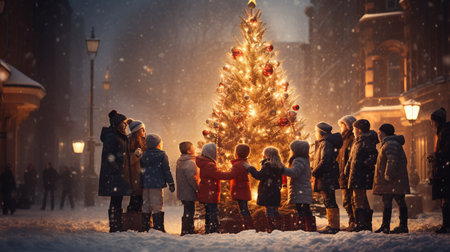 Group of happy children, boys and girls, standing in front of Christmas tree on the background of a winter city street at nightの素材