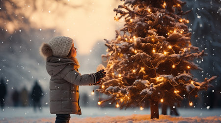 Adorable little girl having fun on beautiful winter day outdoors. Cute child playing with Christmas tree.の素材