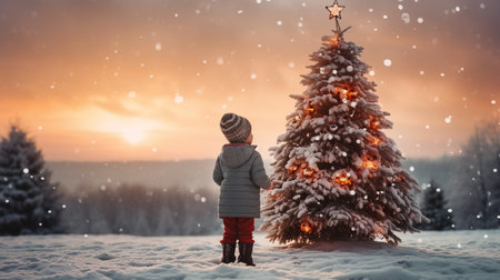 Adorable little girl at beautiful winter landscape with Christmas tree. Happy child outdoors.の素材