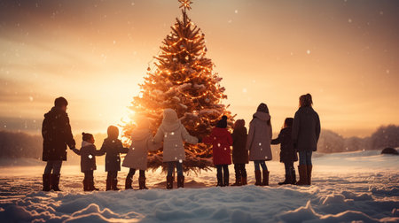 Happy family with children standing in front of christmas tree at sunsetの素材