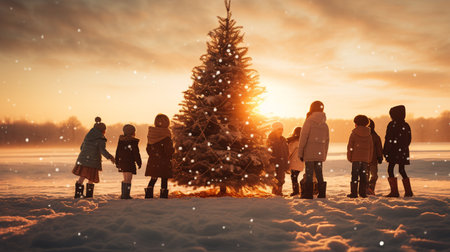 Happy family with children against christmas tree in snowy landscape at sunsetの素材