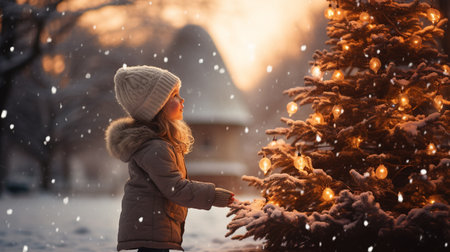 Little girl playing with snow in front of christmas tree in winterの素材