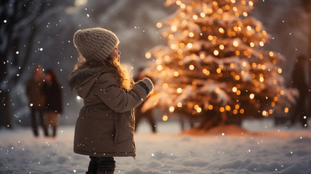 Little girl in winter clothes walking in the snowy forest with a Christmas treeの素材