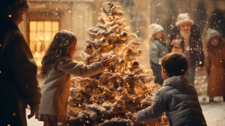 Happy family decorating christmas tree with garland and snowflakesの素材