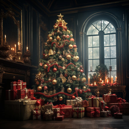 Beautiful Christmas tree with gifts under it. Luxury interior.の素材