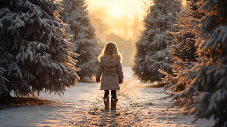 Little girl walking in the winter forest with snow covered trees at sunsetの素材
