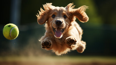 Cocker Spaniel running with a tennis ball in the air.の素材