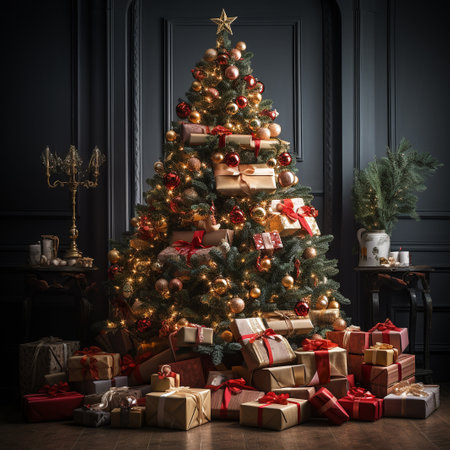 Christmas tree with presents under it in classic interior. 3d renderingの素材