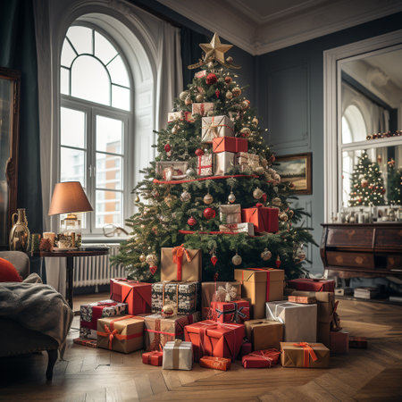 Christmas tree with presents under it in luxury living room with classic interiorの素材