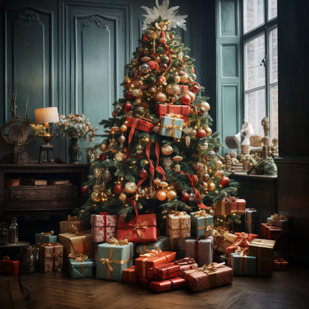 Christmas tree with presents under it in a room with classic interior.の素材