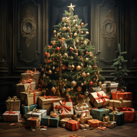 Decorated Christmas tree with gifts in the interior of the houseの素材