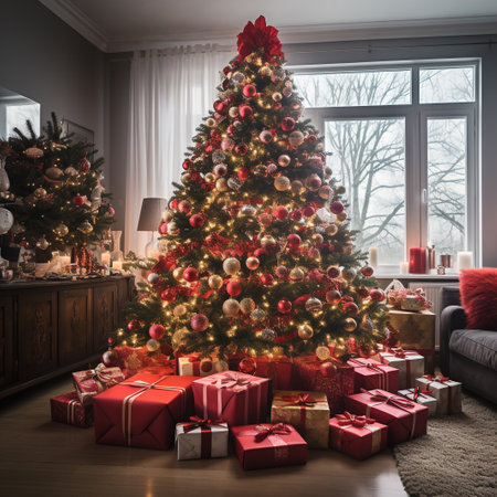 Christmas tree with presents in the living room with a large window.の素材