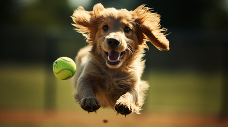 Cocker Spaniel dog jumping with a tennis ball on the courtの素材