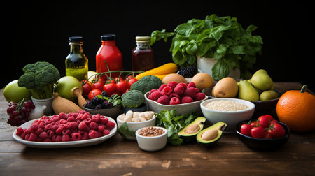 Healthy food clean eating selection: fruit, vegetables, cereals, dairy products. Balanced diet.の素材