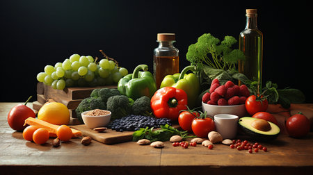 Composition with variety of raw organic vegetables and fruits on wooden tableの素材