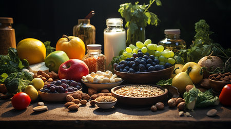 Healthy food clean eating selection: fruits, vegetables and dairy products.の素材
