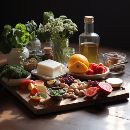 Healthy food ingredients for cooking on a rustic wooden table.の素材