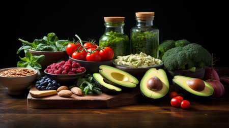 Healthy food background. Fruits and vegetables on wooden table.の素材