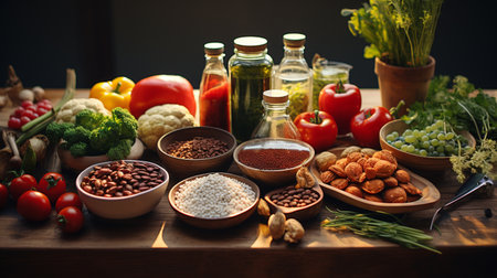 Healthy food background. Vegetables, herbs and spices on wooden table.の素材