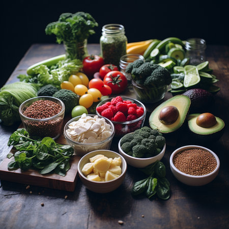 Healthy food clean eating selection. Vegetables, fruits and dairy products on wooden table.の素材