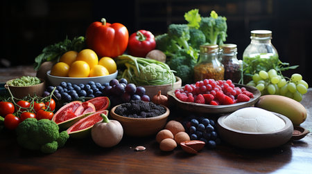 Composition with variety of organic food products on wooden table. Balanced dietの素材