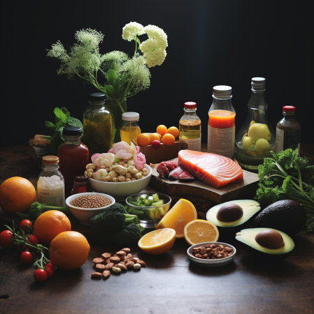 Healthy food selection on wooden background. Balanced diet concept. Selective focus.の素材